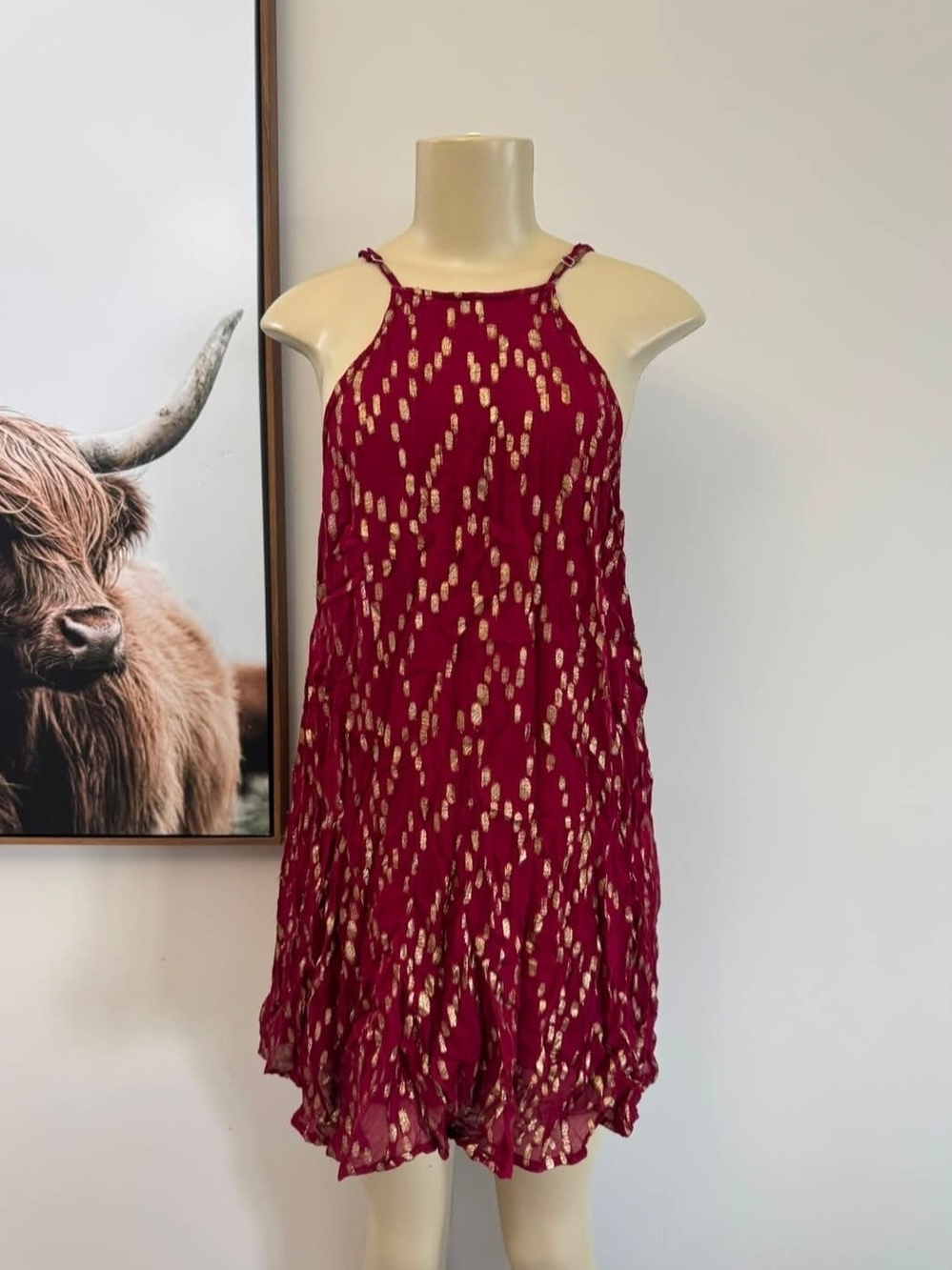 Altar'd State Burgundy Mini Dress with Gold Metallic Dot Print